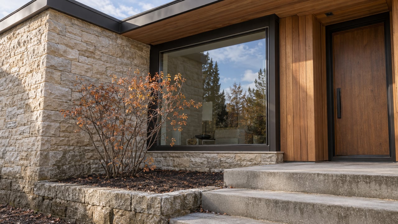 Townhouse facade with buff stone, cedar cladding, dark-framed window, and copper-leaved tree by concrete steps.