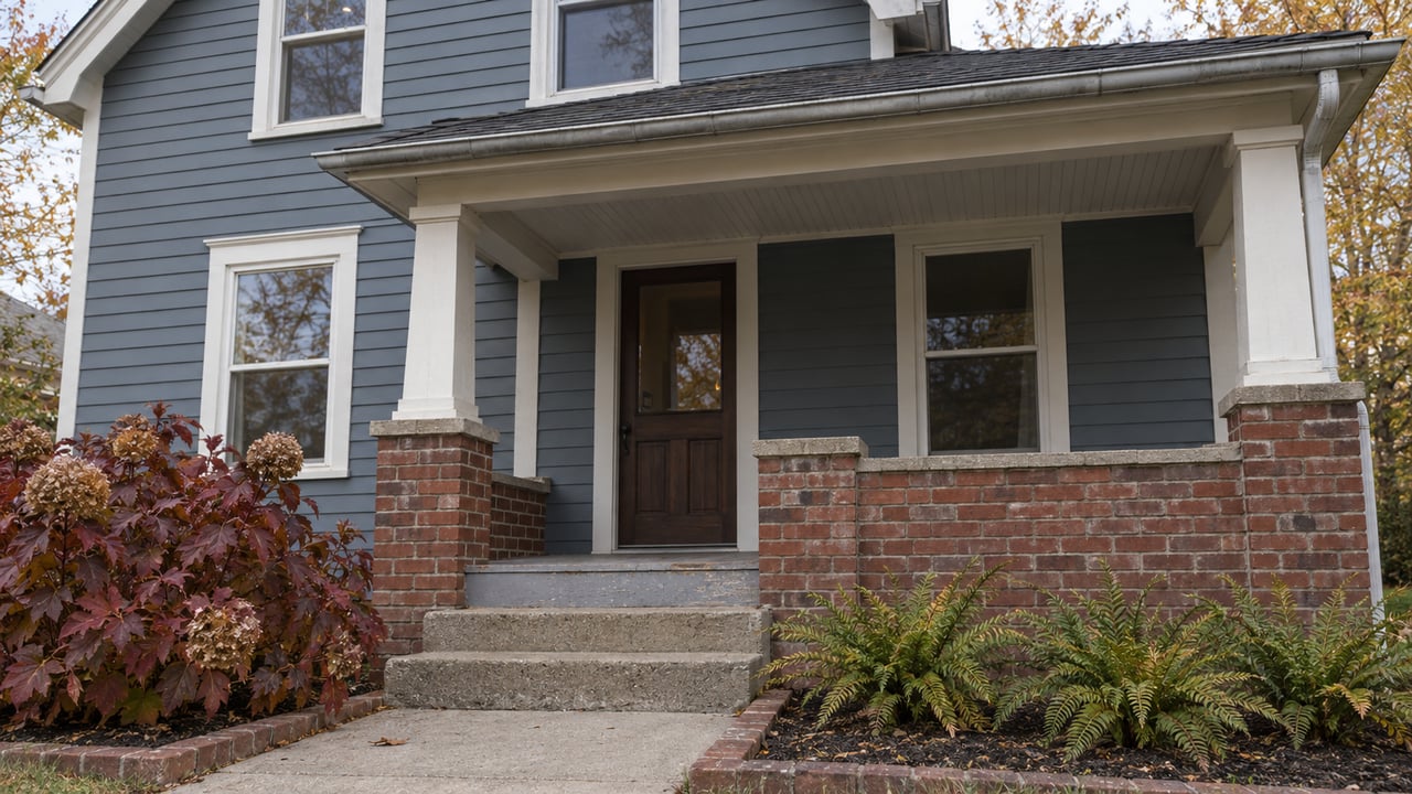 Slate-blue two-story house with a brick-based covered porch, white trim and burgundy oakleaf hydrangea beside a short concrete walk.