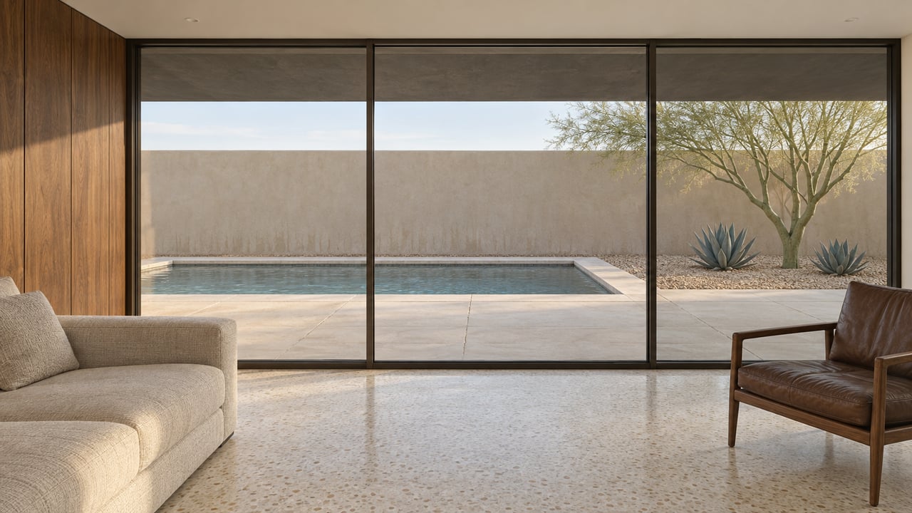 Walnut and terrazzo living room opening visually through closed glass to a sunlit pool patio with a green-trunked tree and sculptural agaves.