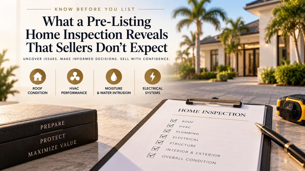 Southwest Florida home prepared for a pre-listing inspection highlighting common seller concerns including roof condition, HVAC performance, moisture and water intrusion, and electrical systems before listing a home for sale.