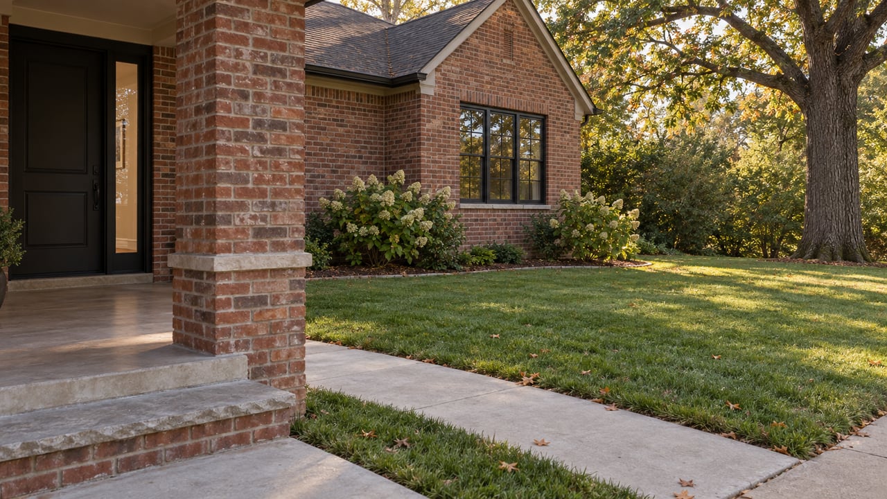 Brick porch framing a deep lawn, concrete walk, and oak canopy beside a gabled house.