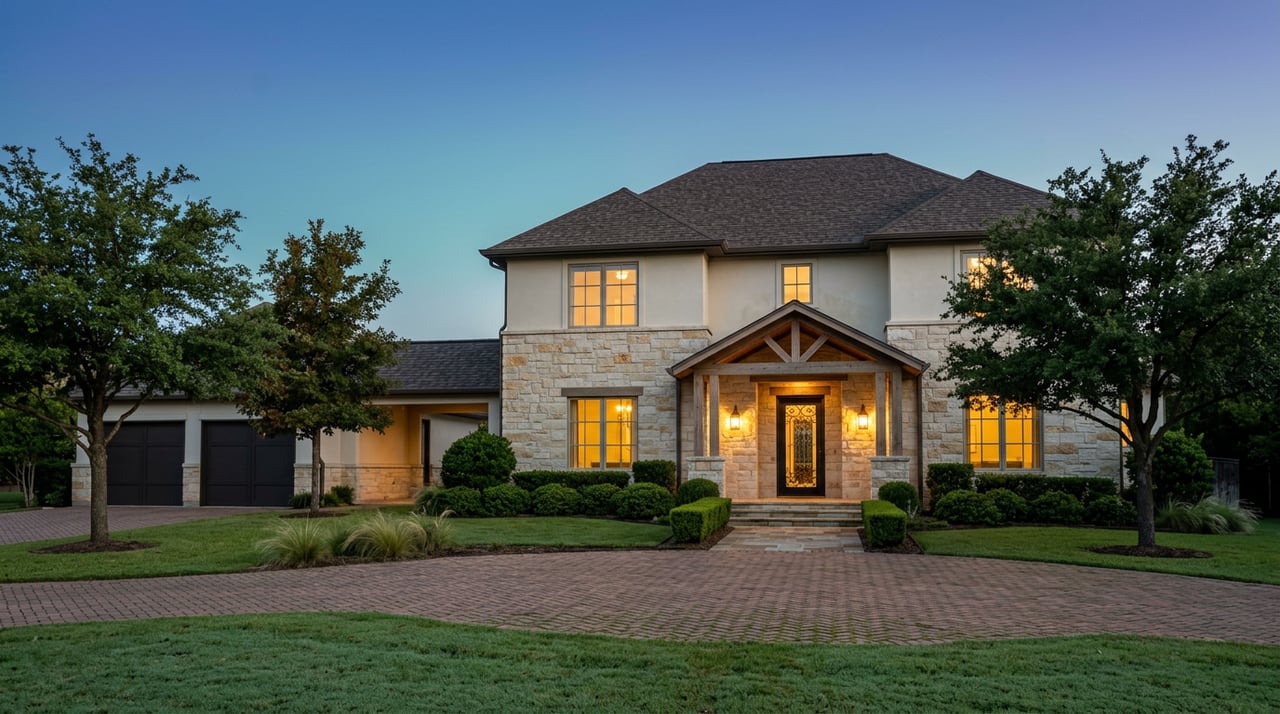 Two-story limestone and stucco estate with a circular paver motor court, glowing windows, and mature oak trees at blue hour.