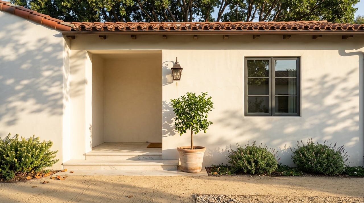 Warm-white stucco home with a tiled eave, limestone porch steps, potted citrus, and a leafy tree overhead.
