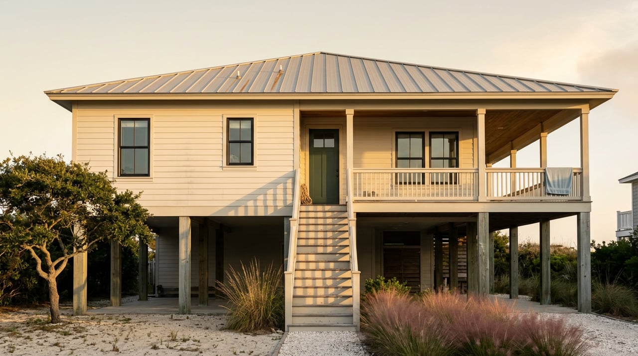 Raised white coastal house with a green door, wood staircase, and shell path beneath a live oak.