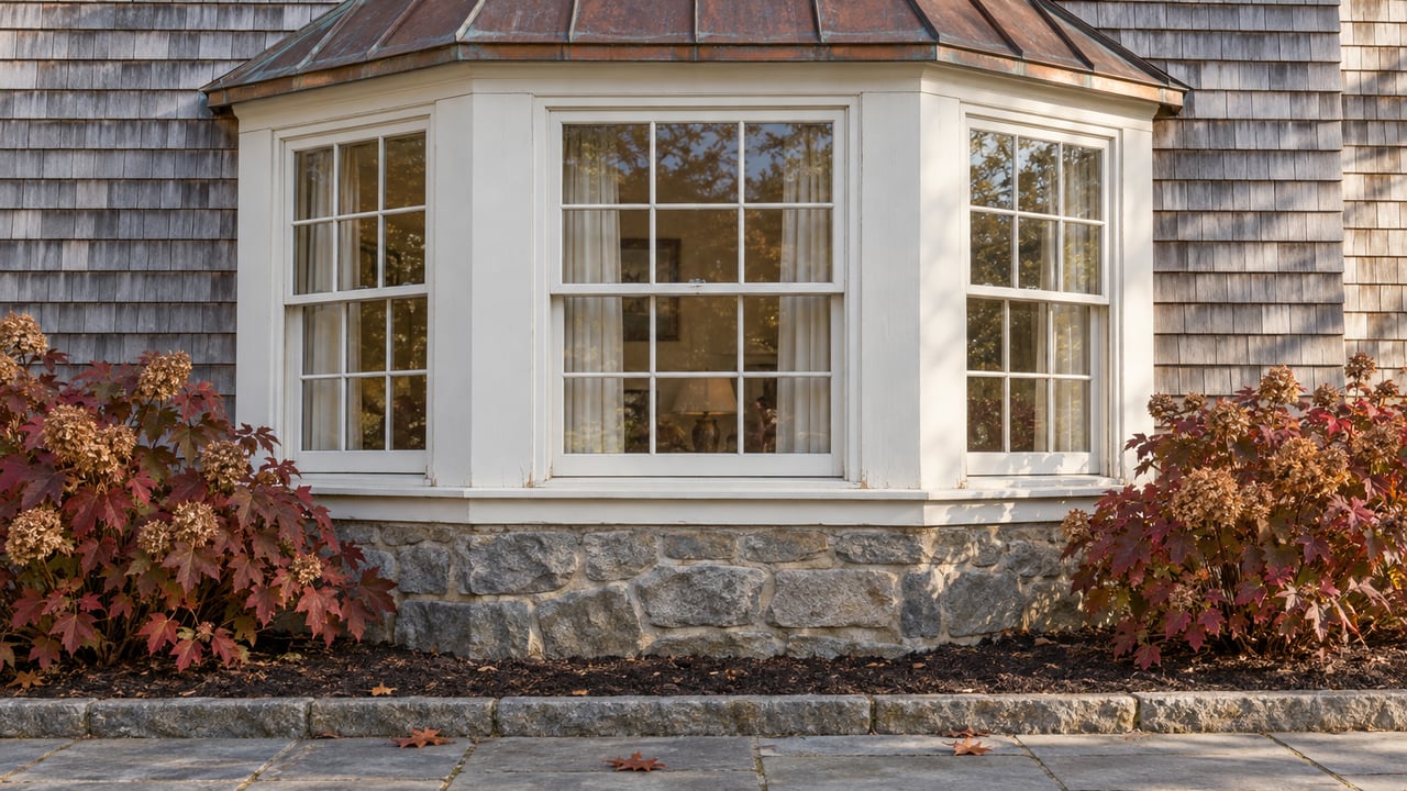 White-trimmed bay windows on a silvered cedar-shingle home above a stone foundation and burgundy oakleaf hydrangeas.