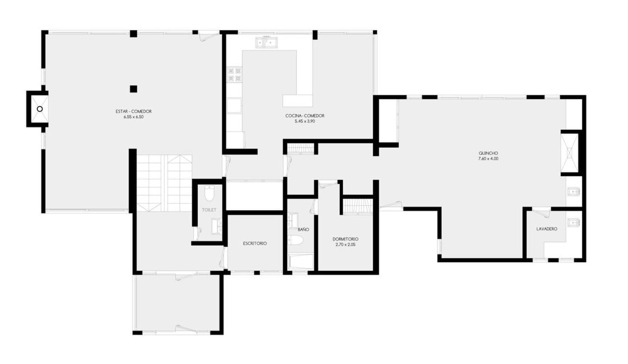 Floor plan of Casa Gral Roca with labeled living areas, bedroom, office, bathrooms, and laundry room.