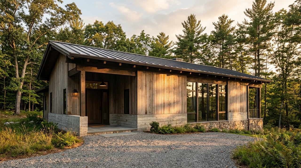 Cedar-sided lodge with stone base and deep timber entry, fronted by a curving gravel path and backed by firs and aspens.