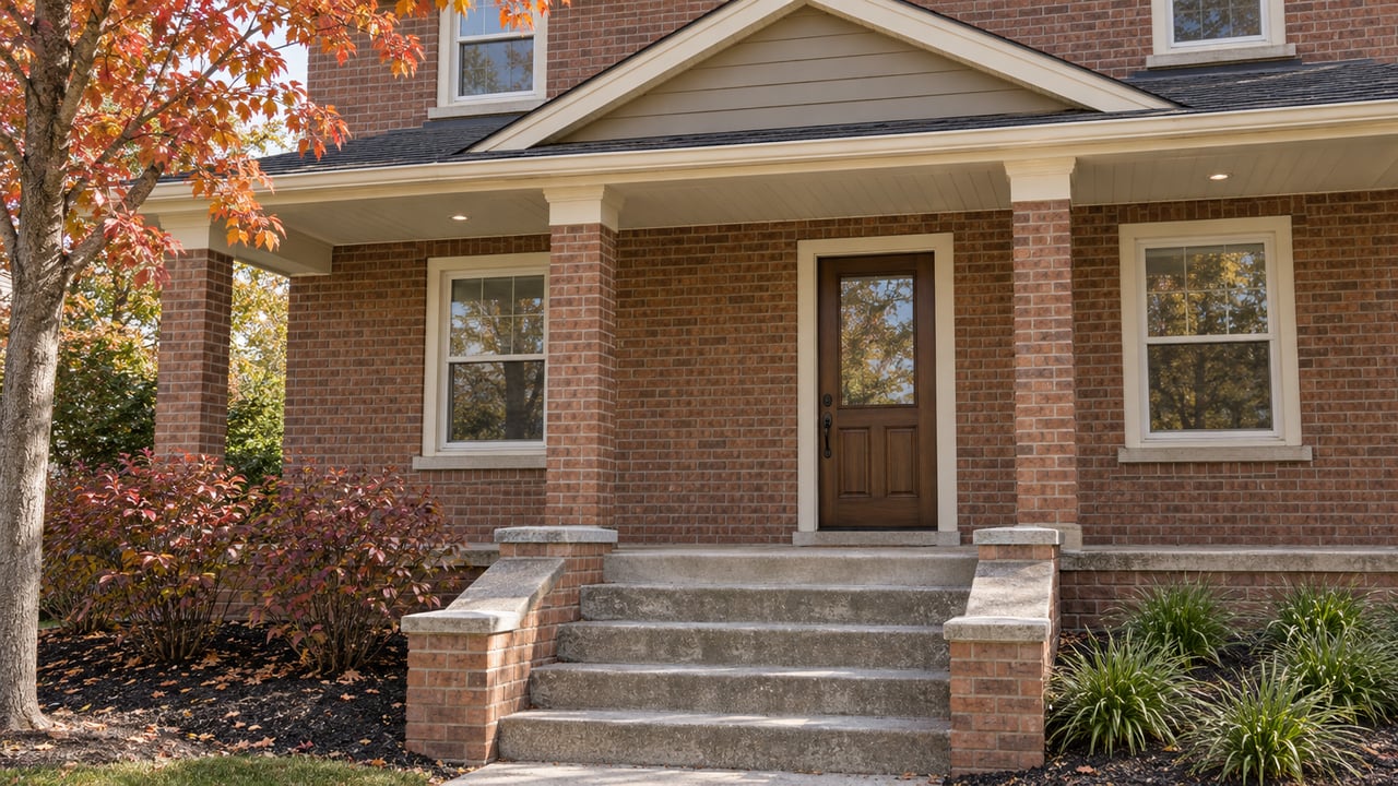 Warm brick home with a sheltered ivory-trimmed entry, concrete steps and red autumn foliage.