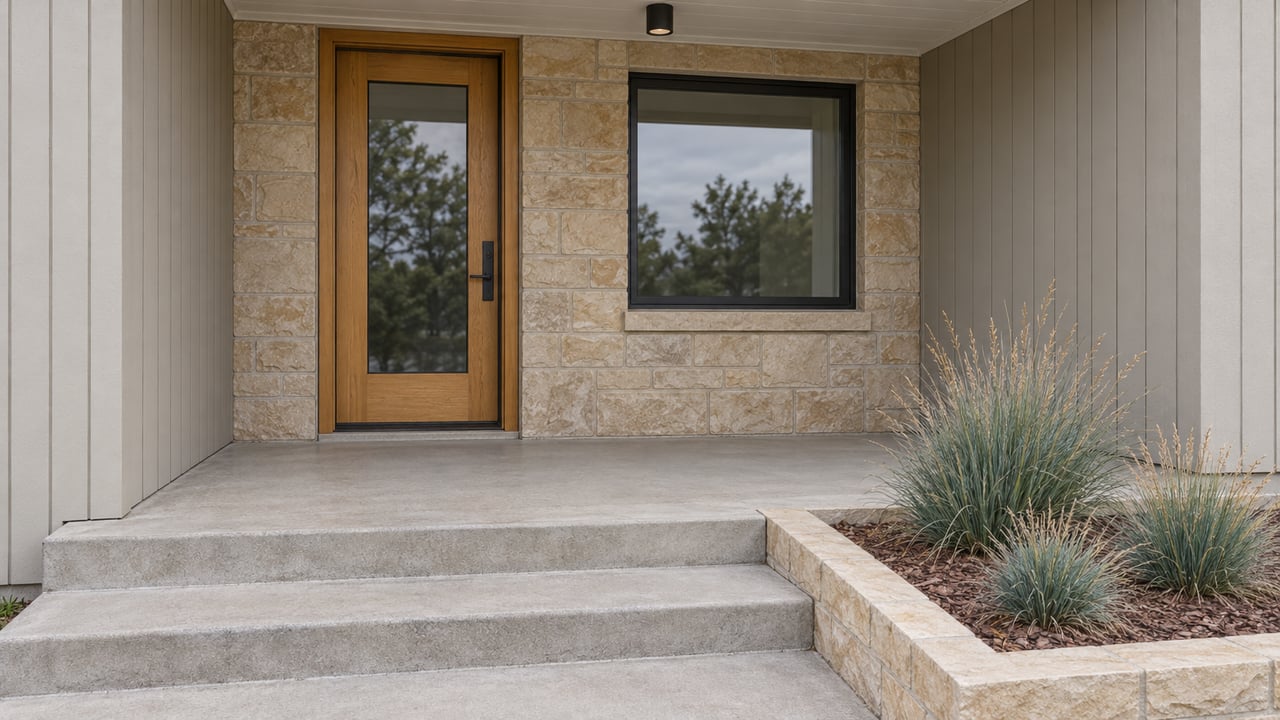 Covered home entry with a wood and glass door, sandstone wall, gray siding, concrete steps and three blue-green grass tussocks.