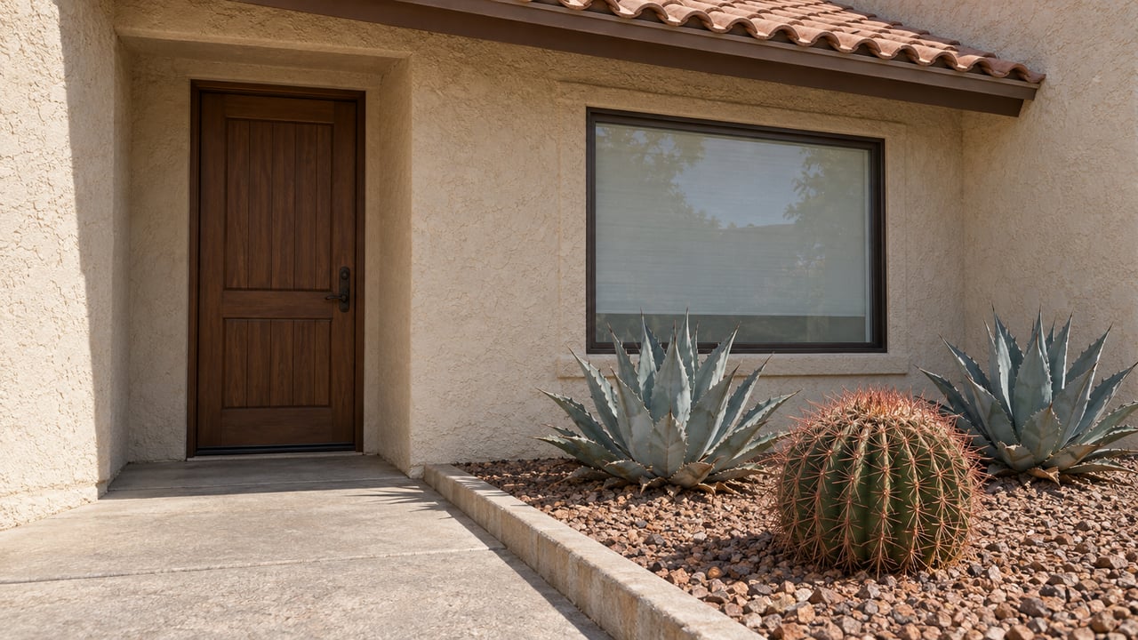 Sunlit stucco home entry with a terracotta-tile eave, bronze-framed window, barrel cactus, and two blue-gray agaves beside a concrete walk.