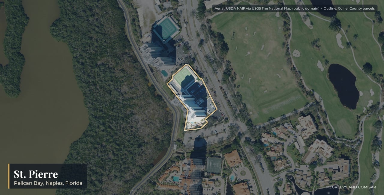 Aerial view of St. Pierre at Pelican Bay, Naples, Florida, with its parcels outlined