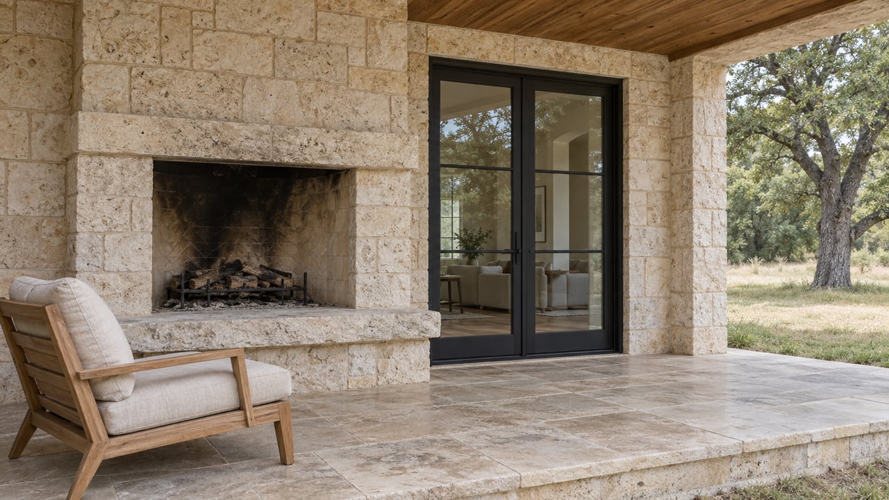 Covered limestone terrace with an outdoor fireplace, black-framed glass doors and a teak lounge chair beside a mature oak.