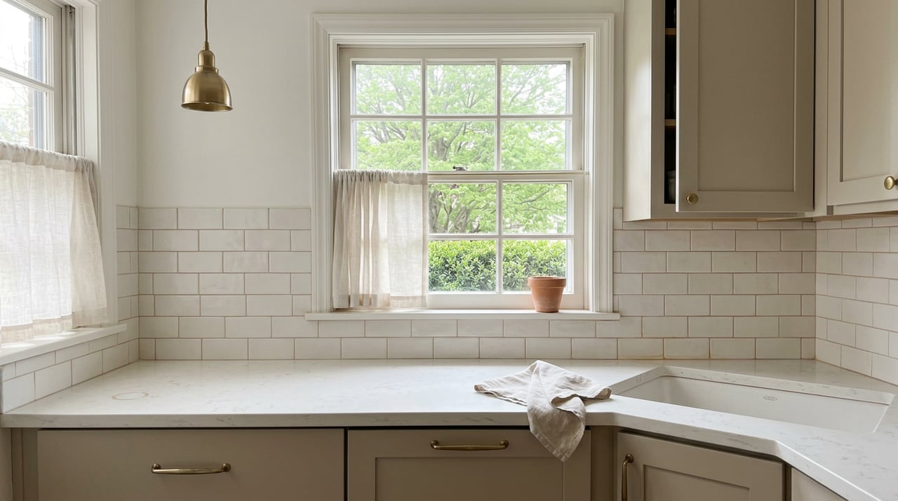 Warm white quartz counter and off-white tile backsplash beneath a curtained window, with a potted plant on the sill.