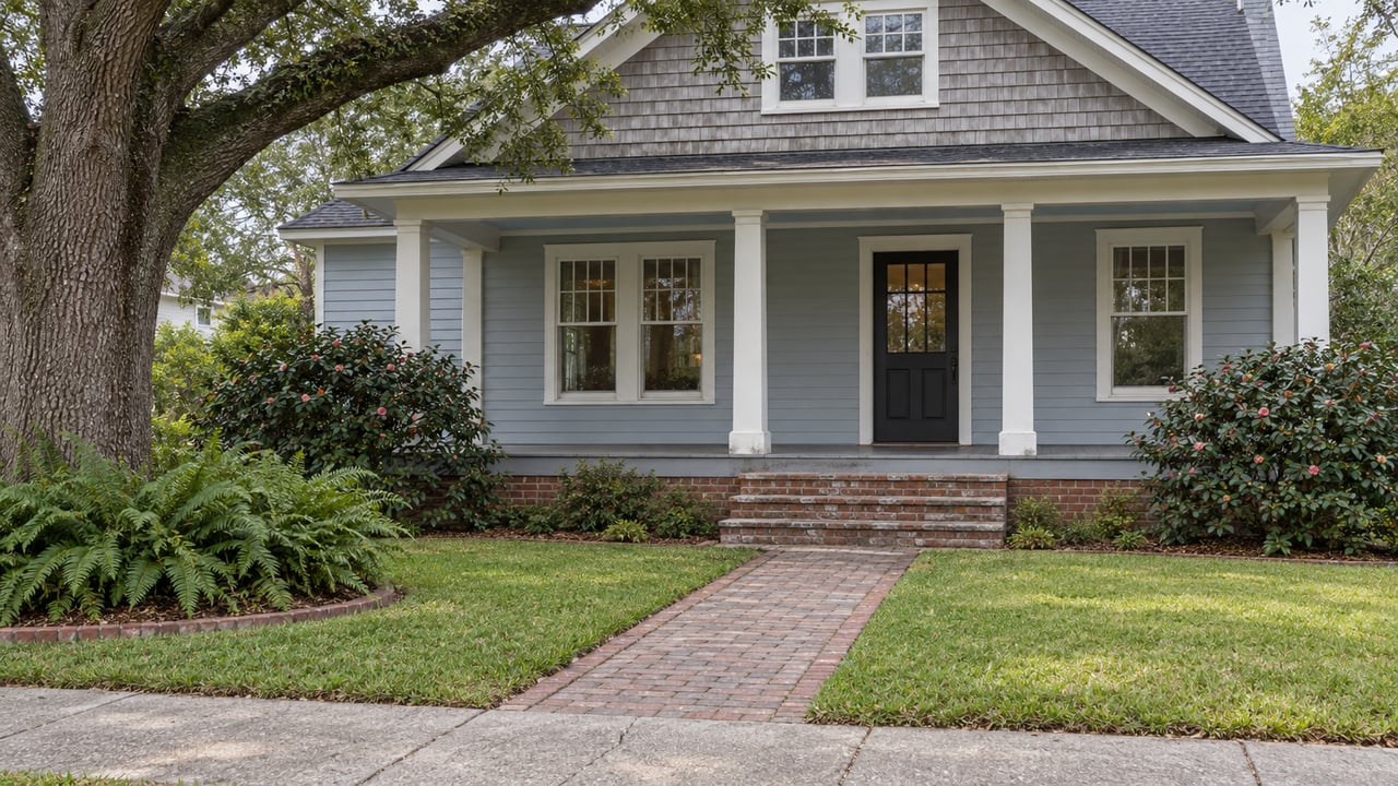 Pale blue-gray clapboard home with a covered porch, brick entry walk and mature live oak beside a deep front lawn.