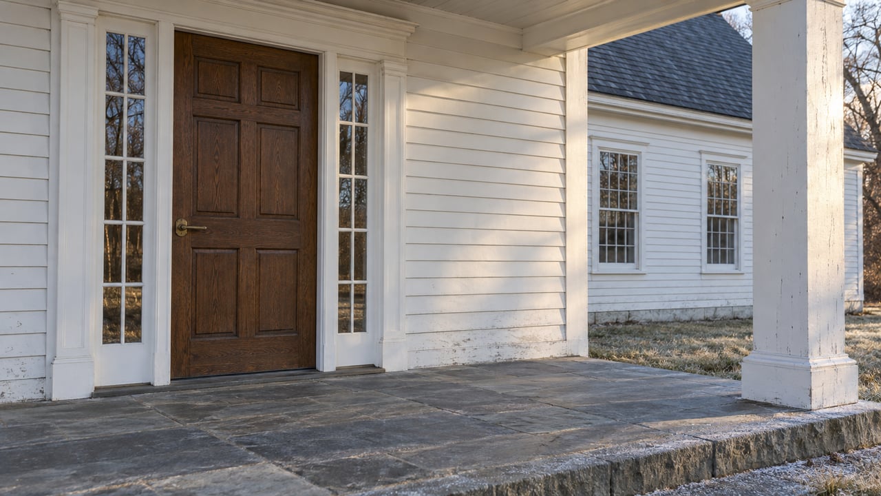 Winter sunlight across a paneled oak front door, paired sidelights and worn bluestone beneath a white timber porch.