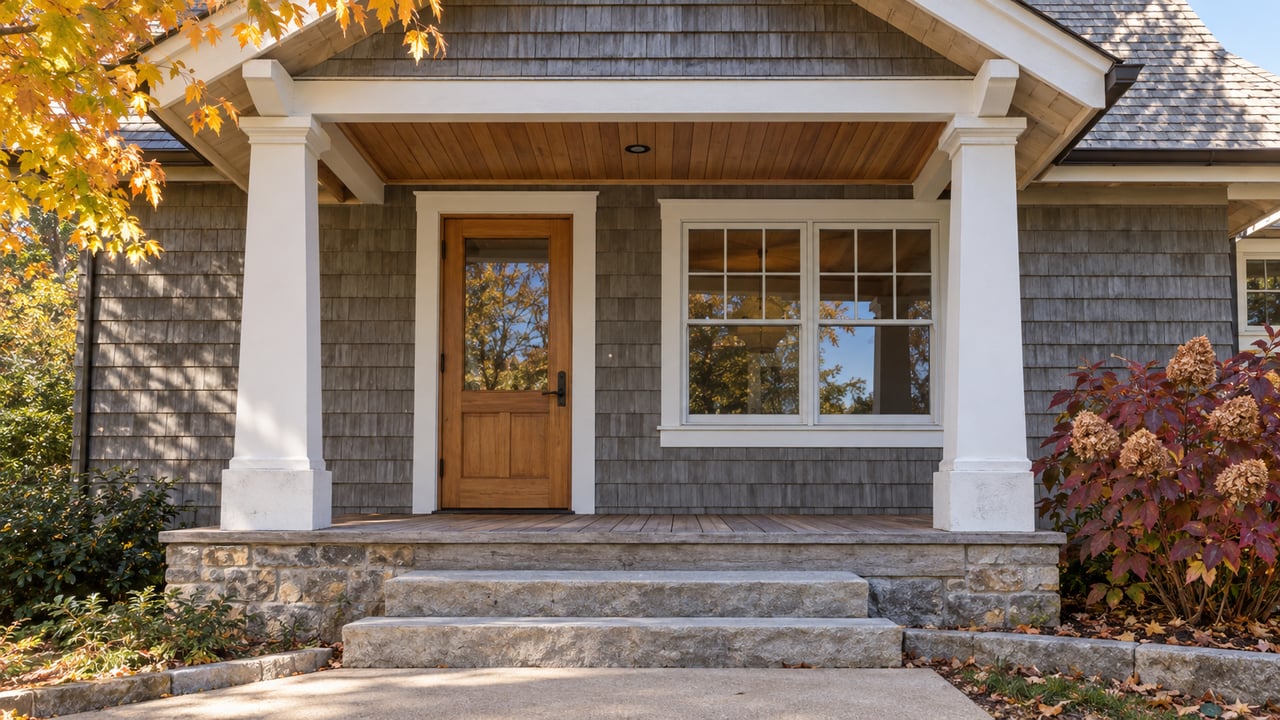 Gray-shingled cottage entrance with an oak door, white porch columns, limestone steps and burgundy oakleaf hydrangea in bright autumn daylight.