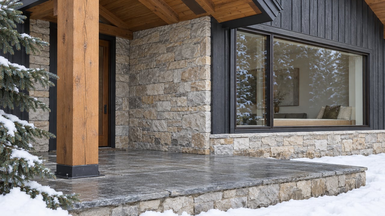 Snow edges a raised stone entry landing beneath a timber roof beside charcoal siding and a large enclosed window.