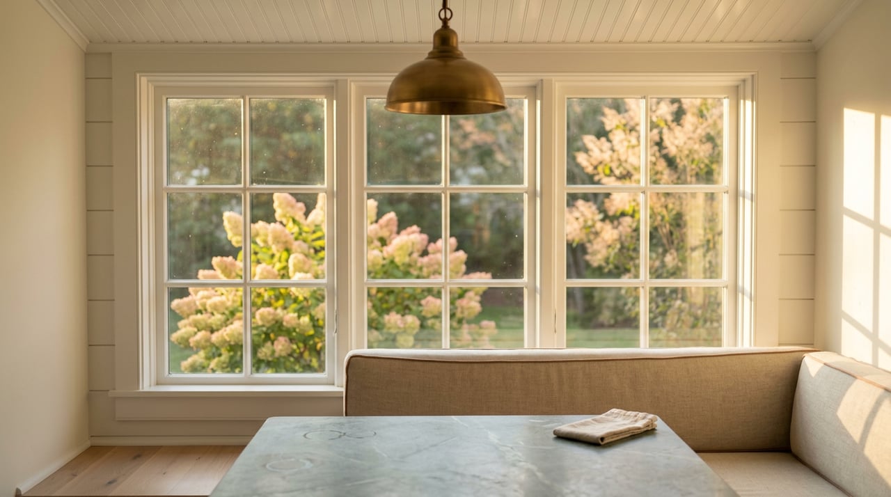 Kitchen breakfast nook with a soapstone table, built-in banquette, and golden light through a bay window.