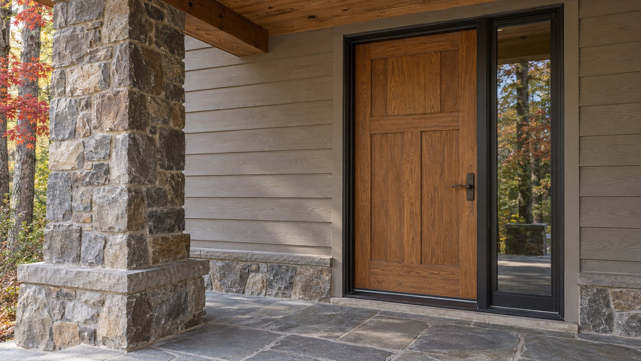 Covered home entrance with an oak door, dark-framed sidelight, gray wood siding and a weathered stone pier beside red autumn leaves.