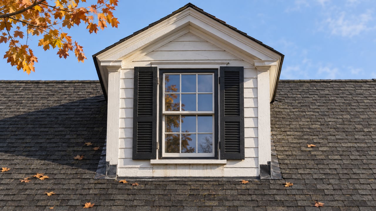White clapboard dormer with black shutters above a charcoal shingle roof, framed by orange sugar-maple leaves.