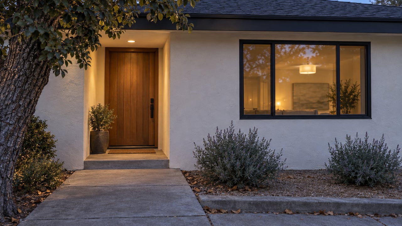 Compact stucco house at blue hour, with a recessed cedar entry, lit picture window, and oak tree.