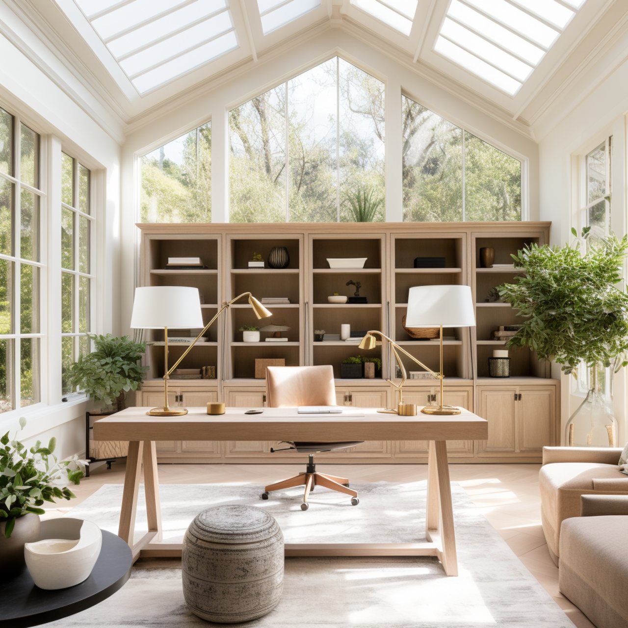 Sunlit home office with skylights, built-in bookshelves, and a desk facing tall windows.