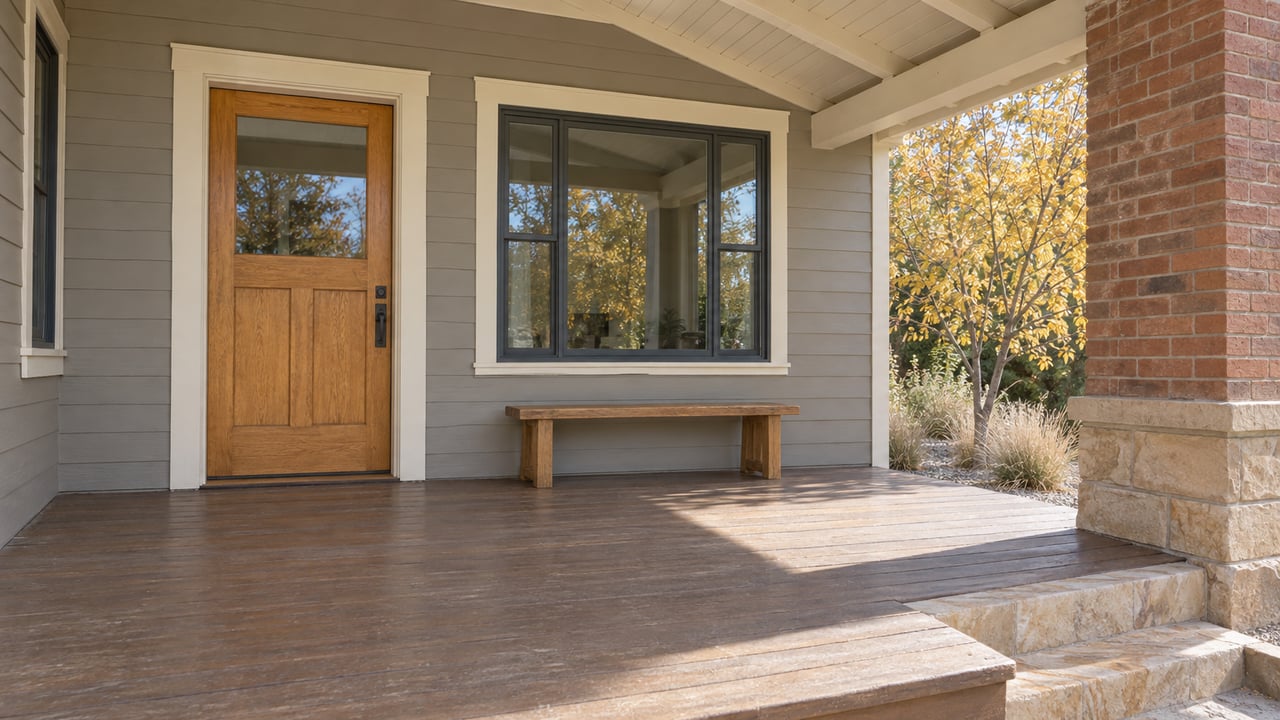 A covered bungalow porch with an oak door, gray wood siding, brick support, sandstone steps, and golden serviceberry foliage.