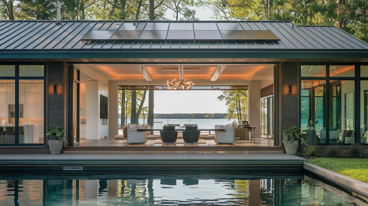 Modern glass-and-metal house opens onto a pool, with a dining table and lake visible beyond.