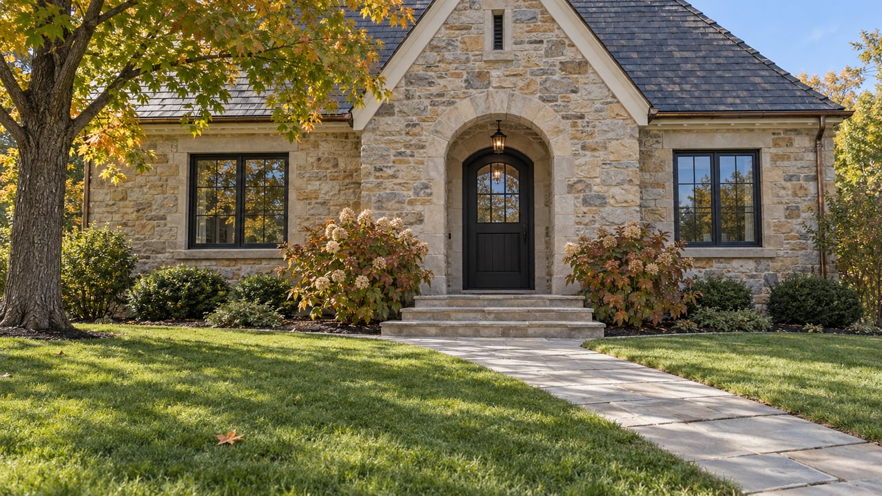 Limestone house entrance with a steep slate gable, black-framed windows, stone approach and broad lawn beneath a mature maple.
