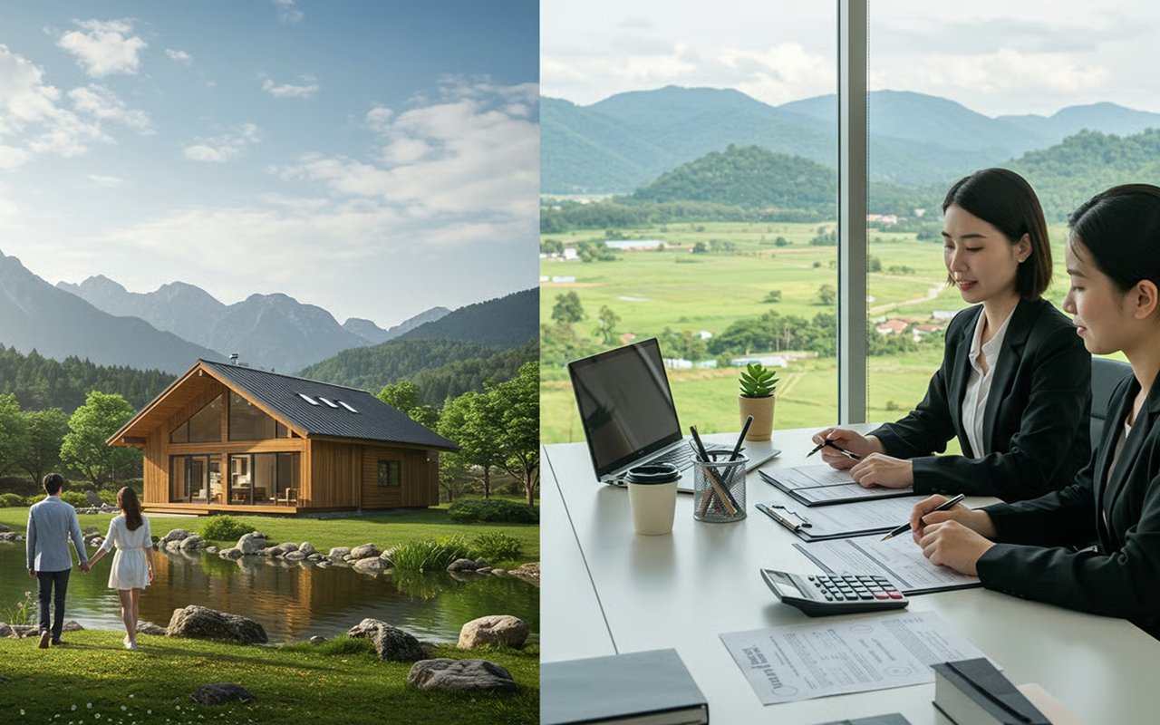 Mountain resort cabin beside a pond, paired with women reviewing property documents in an office.