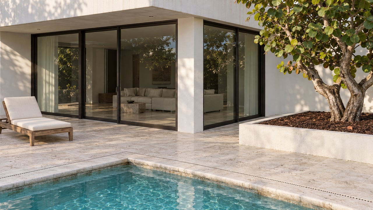 White stucco villa and dark-framed glass doors beside a limestone pool terrace with a sculptural sea grape tree.