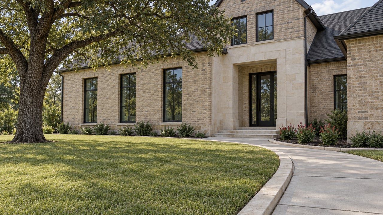Buff-brick home with a limestone entry, black-framed windows and a broad lawn beneath a mature live oak.