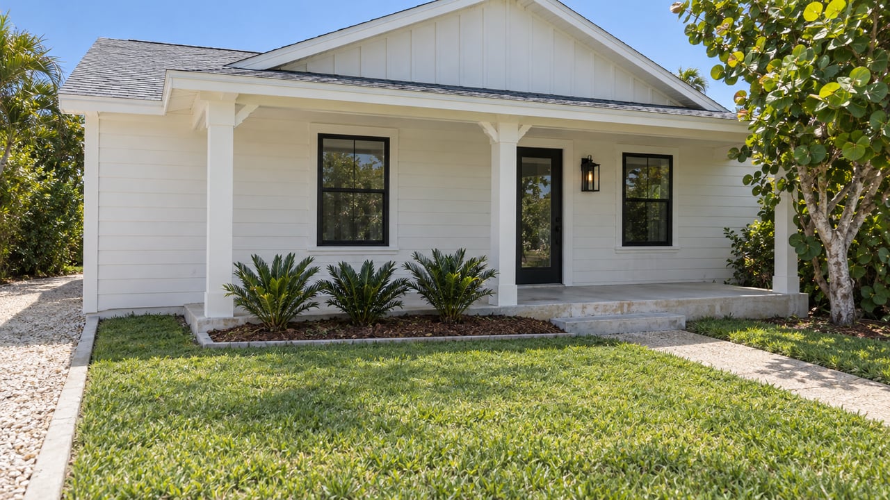 Low view across a green lawn toward a pale-sided single-story house with a covered porch, shell driveway and sea grape tree.