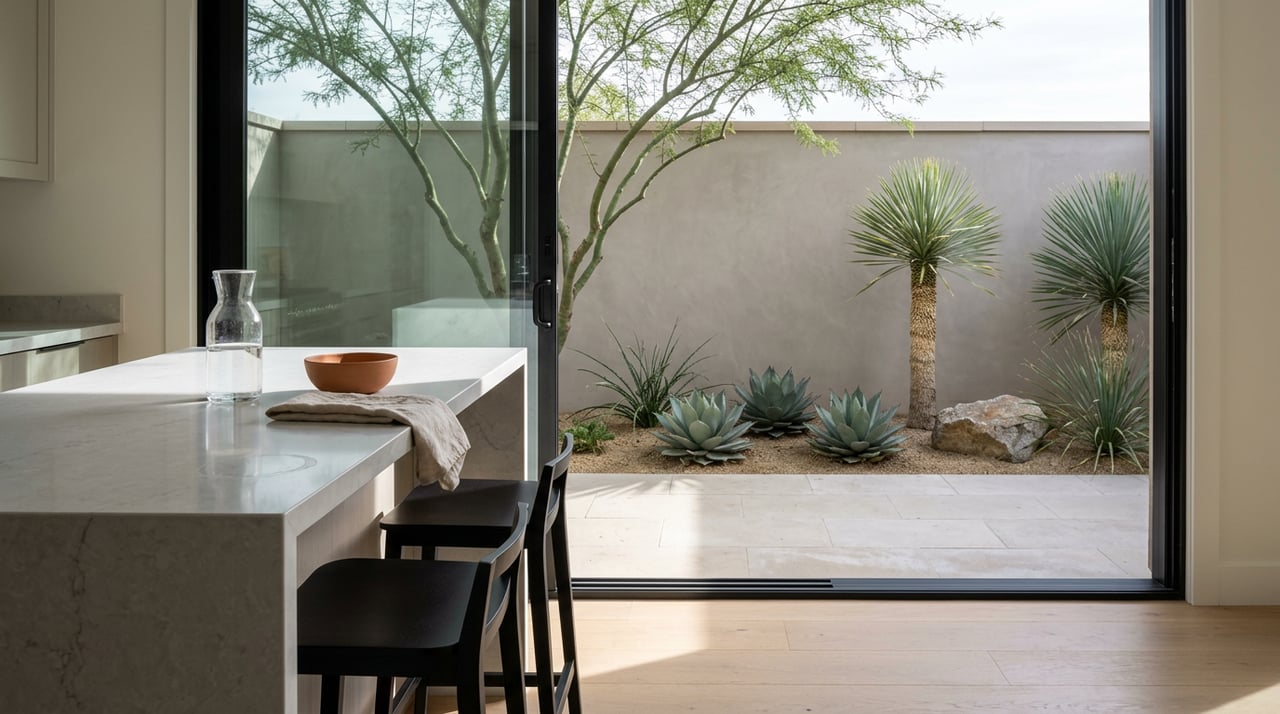 Kitchen peninsula and barstools open onto a walled courtyard with yuccas, agaves, and a small tree.