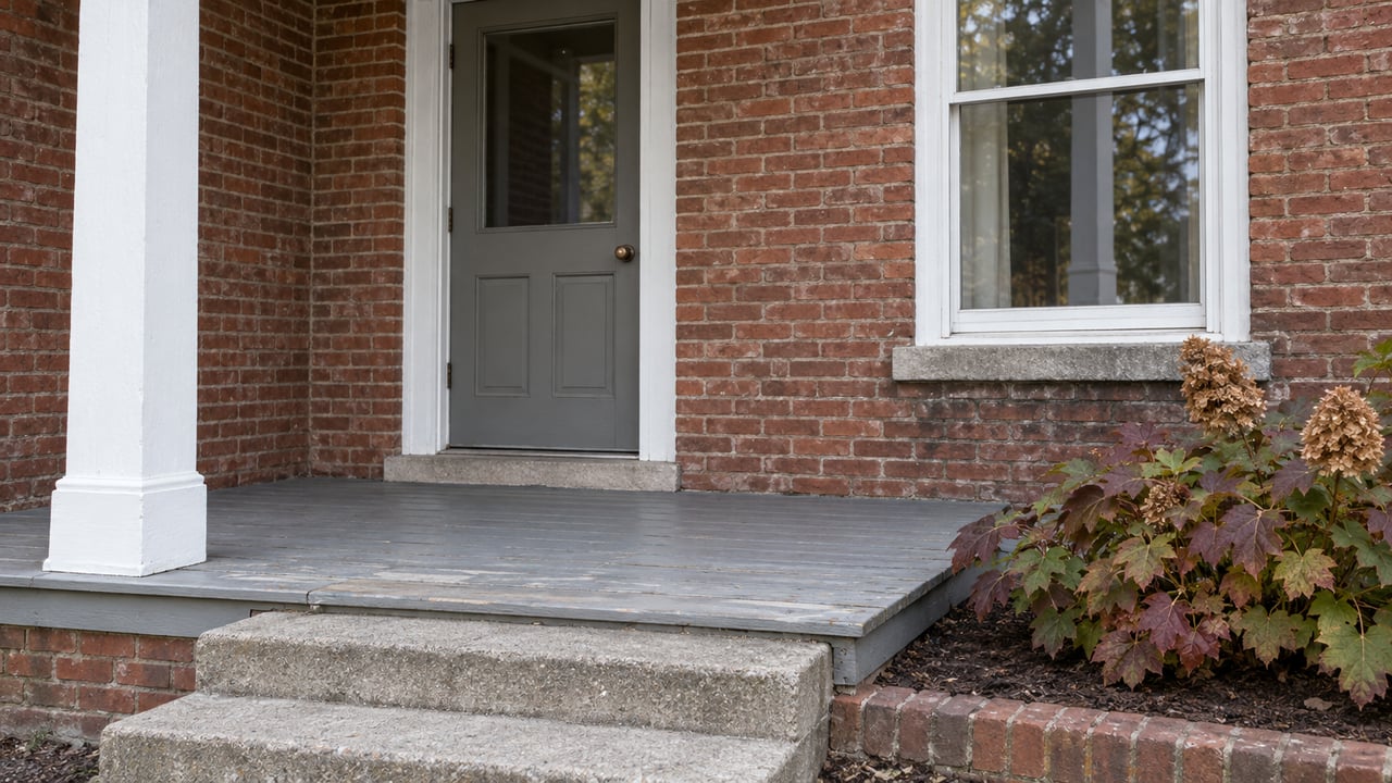 Close view of an older brick home's white timber porch, gray entry door, sash window, and oakleaf hydrangea beside concrete steps.