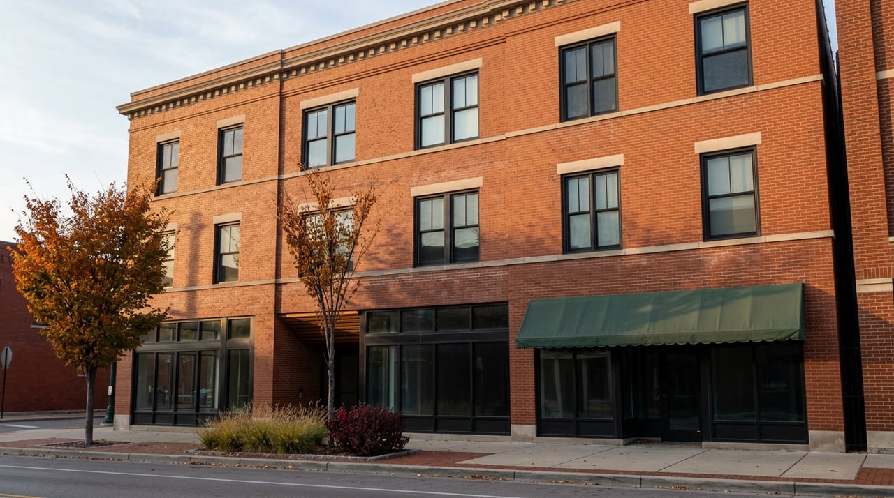 Four-story red-orange brick corner building with black storefront windows, green awning, and bronze-orange street trees.