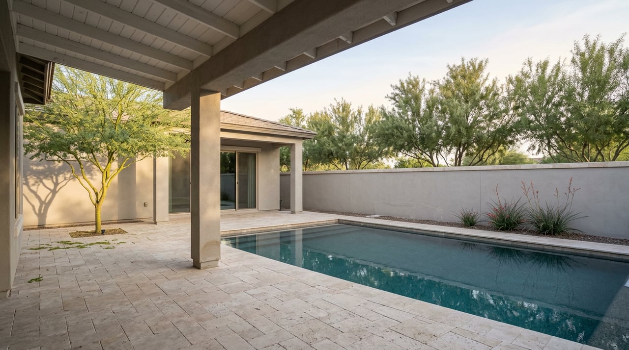Private pool beside a travertine patio, with a palo verde tree and desert willows beyond a low stucco wall.
