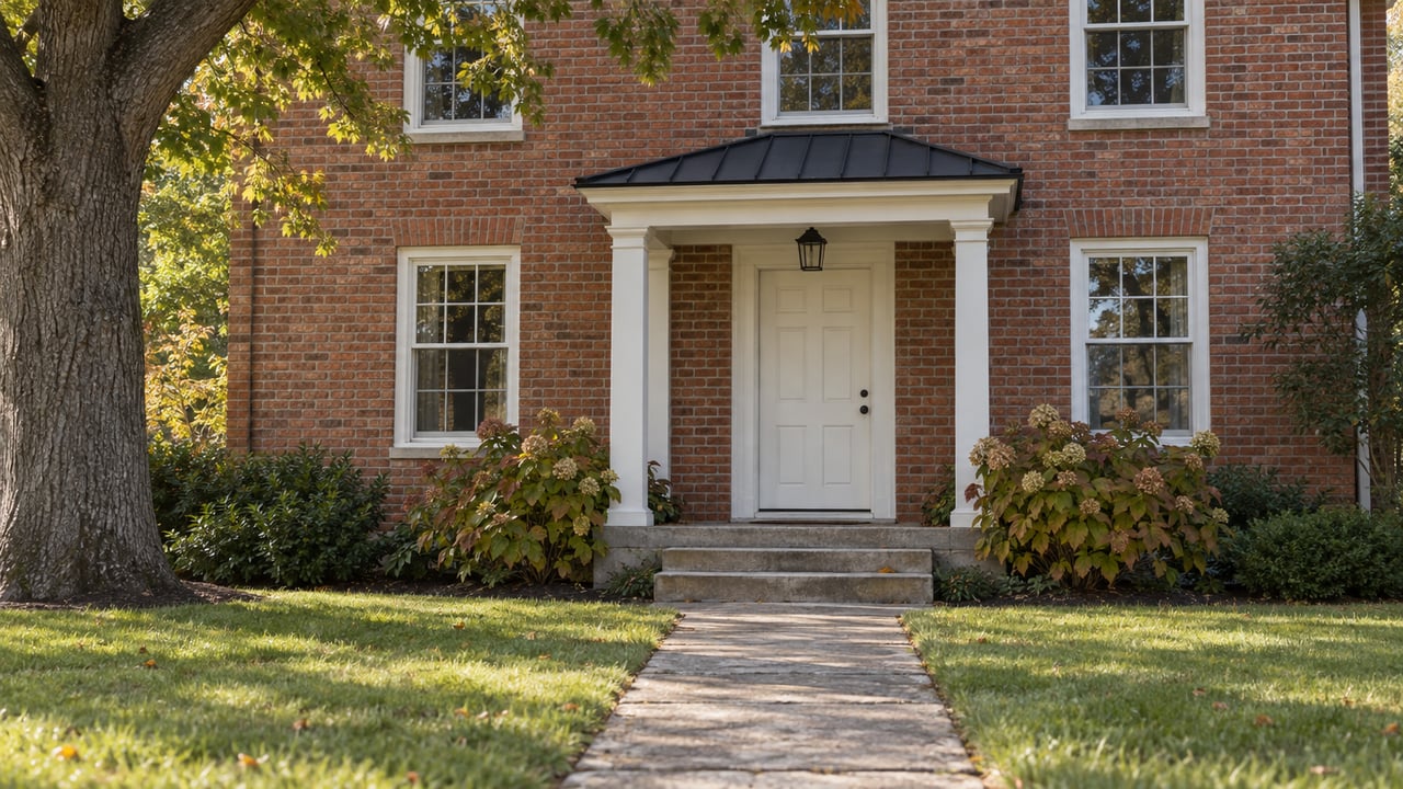 Red-brick colonial house with white entry door, limestone steps, and a tree-lined concrete walk.