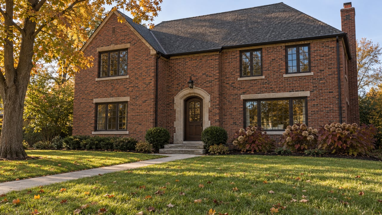 Red-brown brick house with a steep charcoal roof, limestone entry and broad autumn lawn beneath a mature maple.