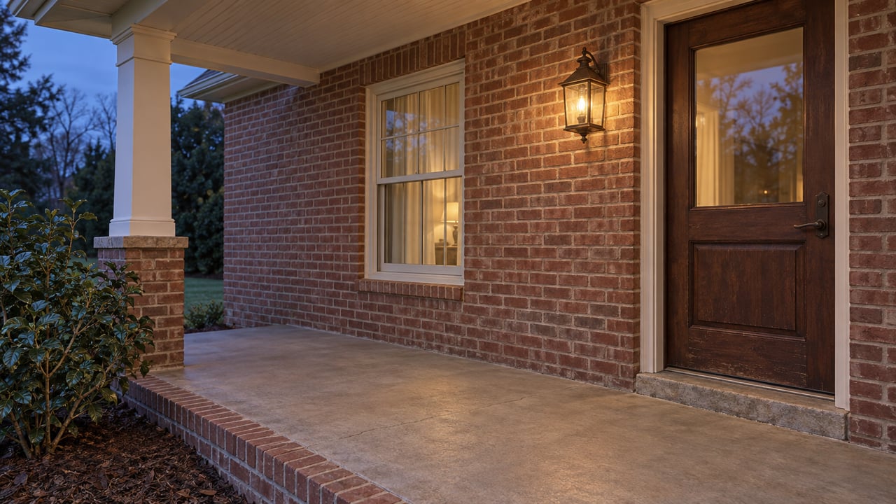 A sheltered brick front porch at blue hour, with a warmly lit glazed timber door, cream trim, and a camellia beside the raised porch edge.