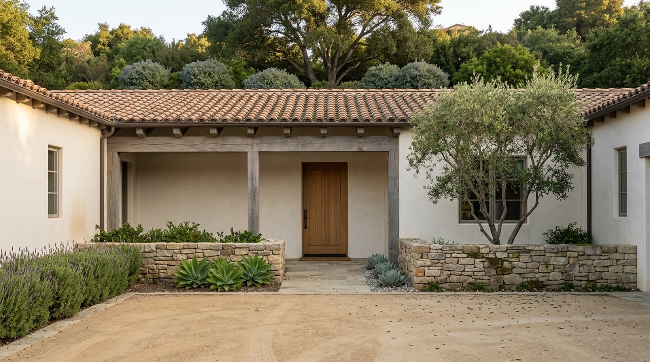 Hillside estate entry with oak loggia, limestone wall, olive tree, and dense planting above a terracotta roof.