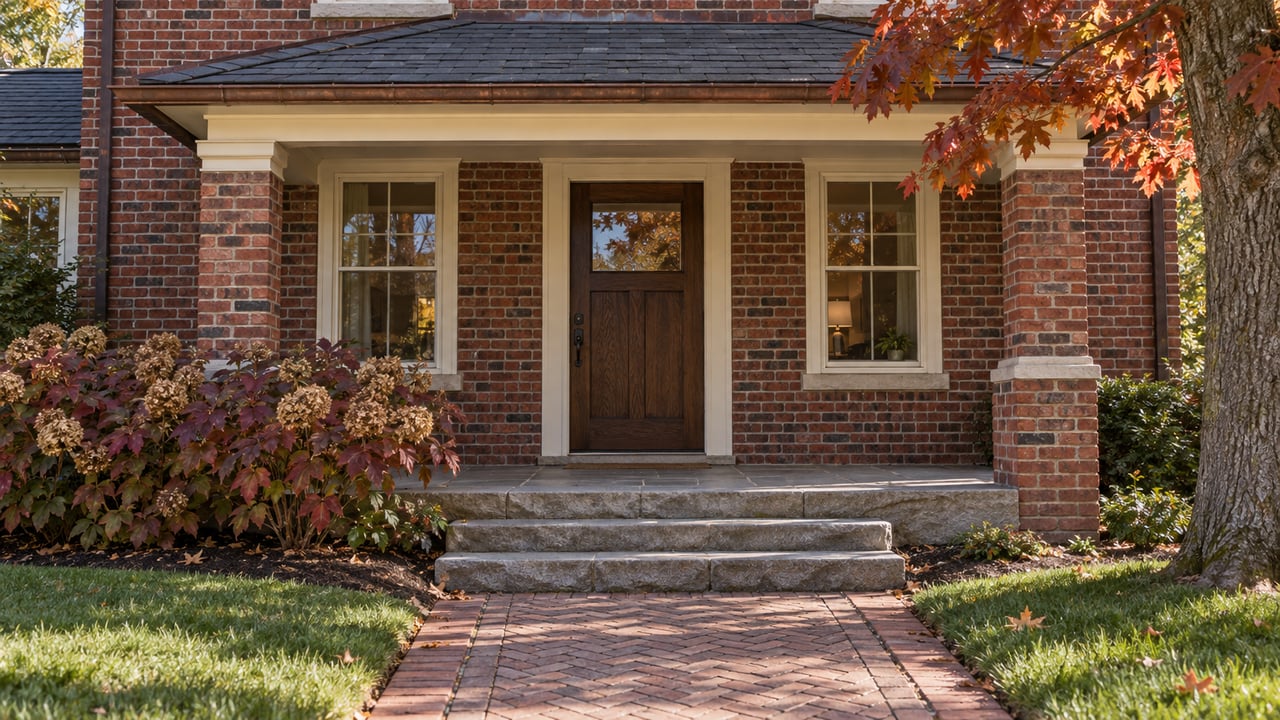 Autumn sunlight on a red-brick home's covered stone porch, oak front door, and brick walk beside burgundy oakleaf hydrangeas.