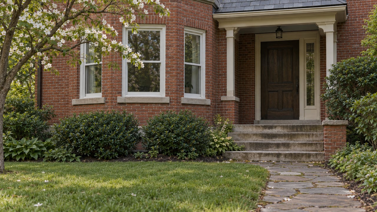 Red-brick house with a three-window bay, recessed oak door, limestone steps, and a flagstone garden path.