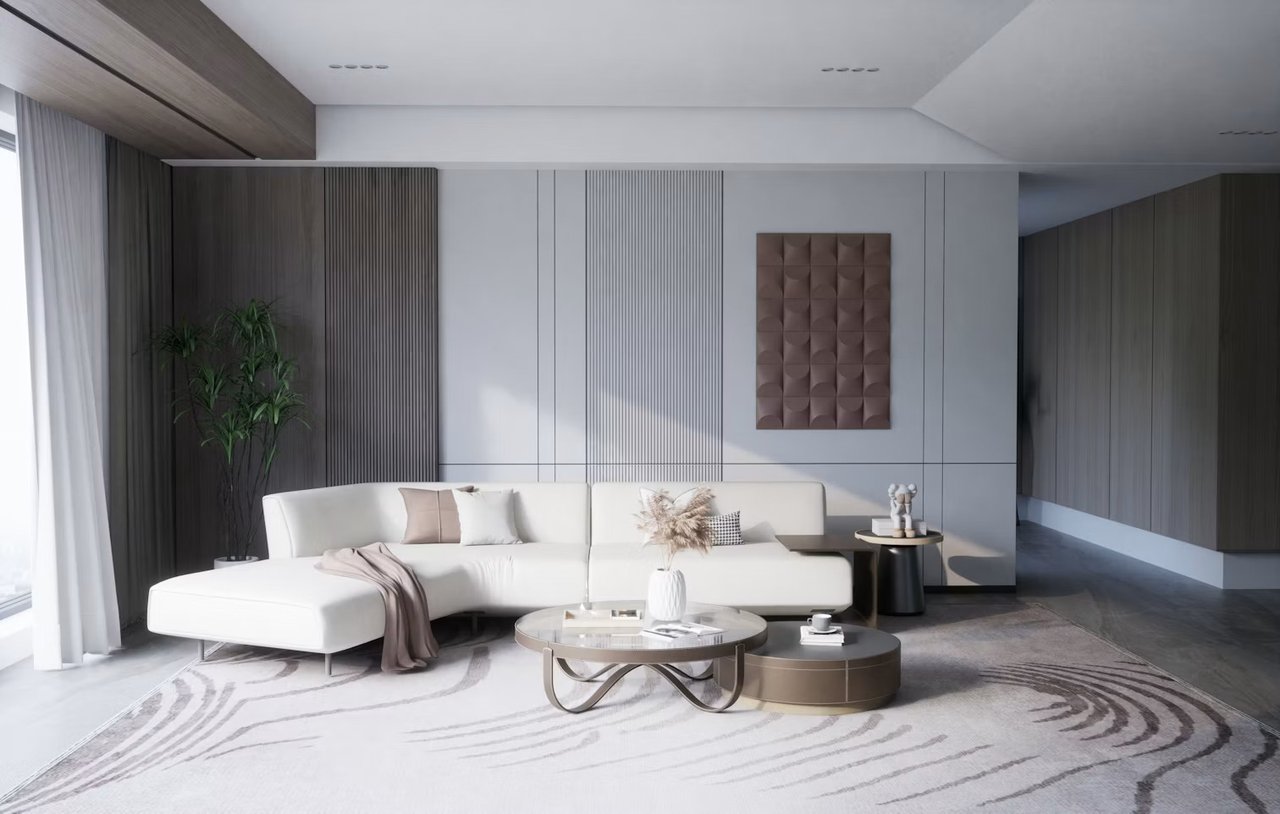 Contemporary luxury living room with natural light, neutral interiors, refined materials, and modern architectural details.