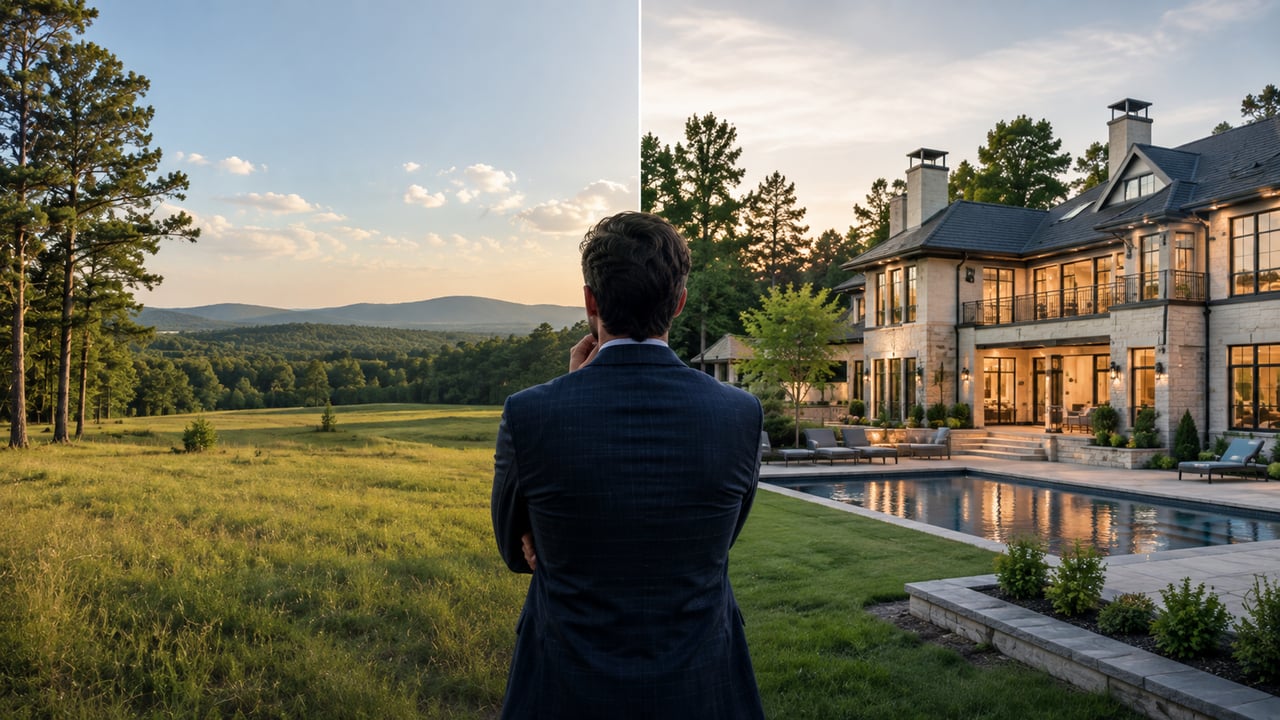 Investor comparing open Tennessee land with a luxury estate and pool, illustrating the decision between investing in land or high-end residential real estate.
