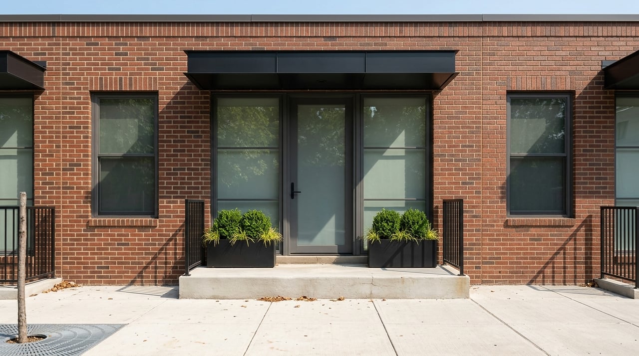 Townhouse entrance set in a brick-and-glass facade, with planters and a street tree beside the sidewalk.