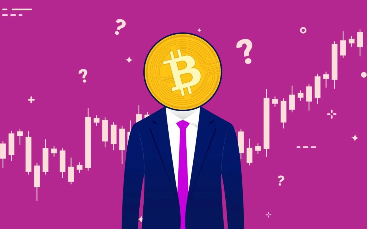 Bitcoin-headed figure in a suit stands before a rising candlestick chart.