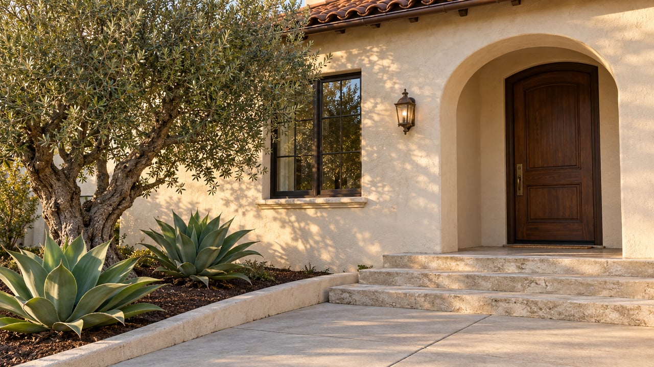 Cream stucco house entrance with an arched timber door, limestone steps, and olive tree beside agaves.