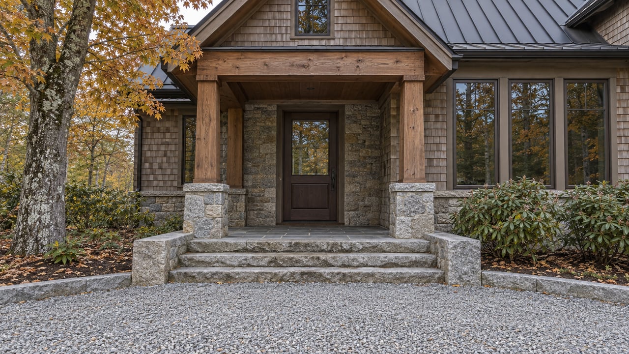 Cedar-shingled home with a timber-covered entrance, granite steps and bronze-framed windows beside an amber-leaved maple.