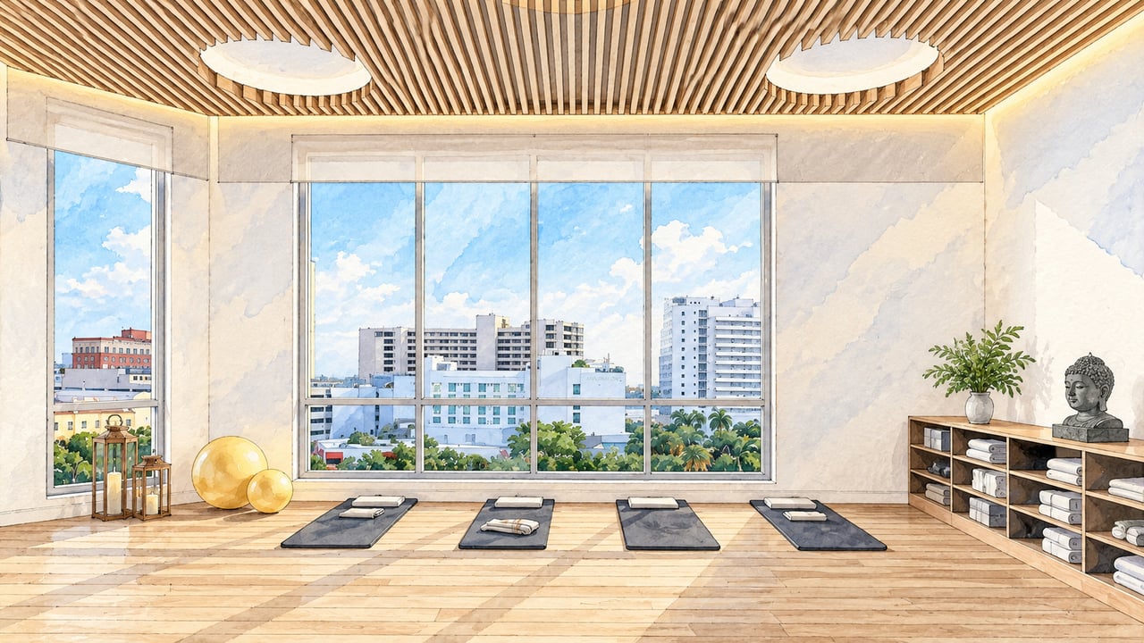 Yoga room with floor mats and large windows overlooking downtown Sarasota.